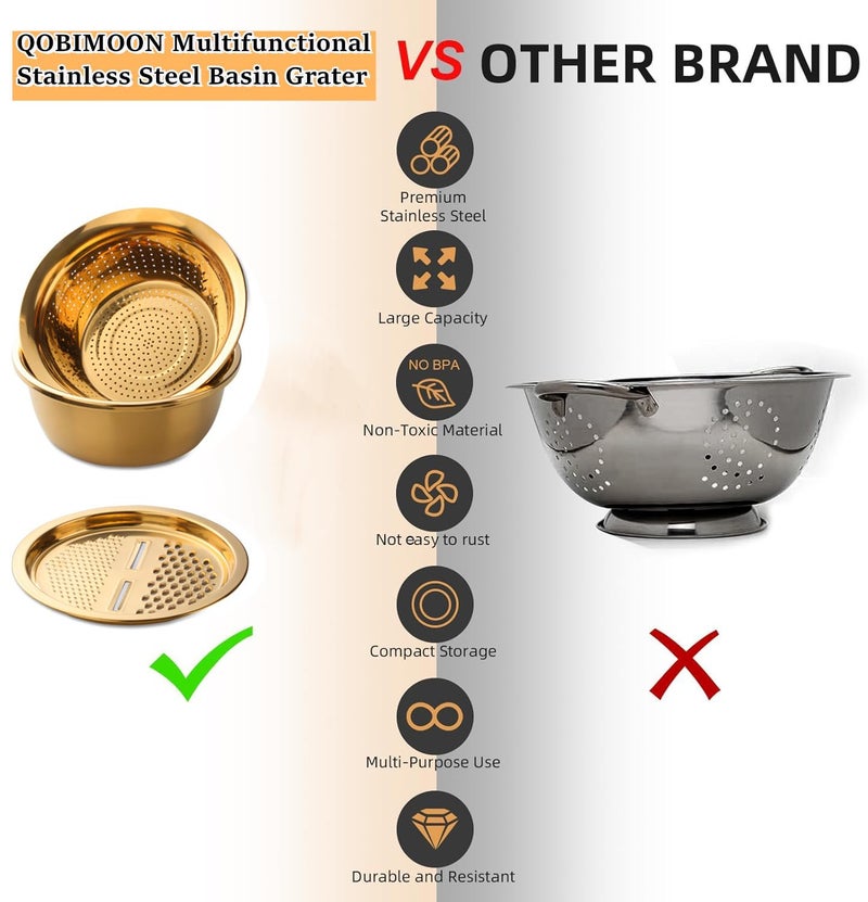 QOBIMOON 3PC/Set Colander set Stainless Steel Vegetable Slicer Fruit Potato Peeler Carrot Grater Strainer Utensil Round Rice Washer Bowl Drain Basket-Gold - Image 3